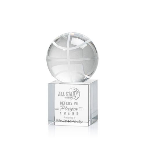 Awards and Plaques - Crystal Trophies - Basketball Globe on Square Base Crystal Trophy