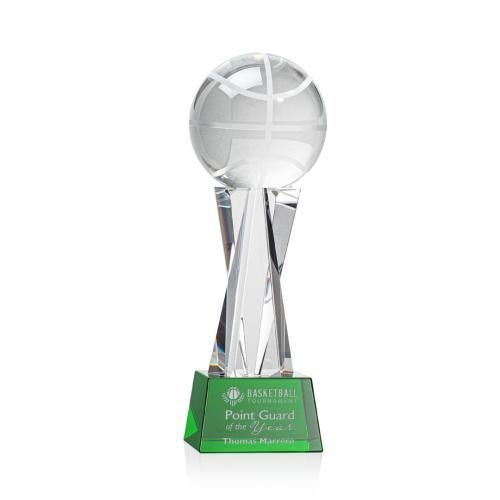 Awards and Plaques - Crystal Trophies - Basketball on Saldana Base Green Globe Crystal Trophy