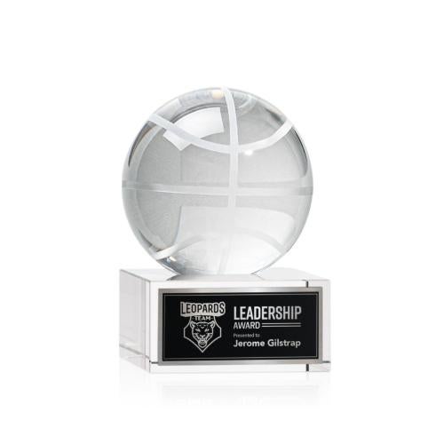 Awards and Plaques - Crystal Trophies - Basketball Globe on Plated Base Crystal Trophy
