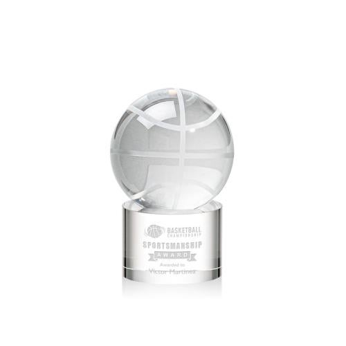 Awards and Plaques - Crystal Trophies - Basketball Globe on Round Base Crystal Trophy