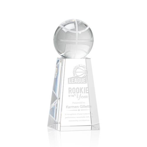Awards and Plaques - Crystal Trophies - Basketball Globe on Tall Base Crystal Trophy