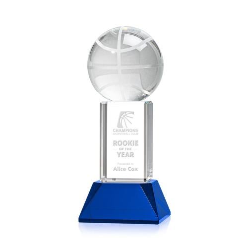Awards and Plaques - Crystal Trophies - Basketball on Tower Base Blue Globe Crystal Trophy