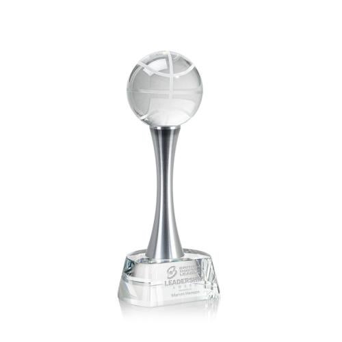 Awards and Plaques - Crystal Trophies - Basketball Globe on Metal Pedestal Base Crystal Trophy