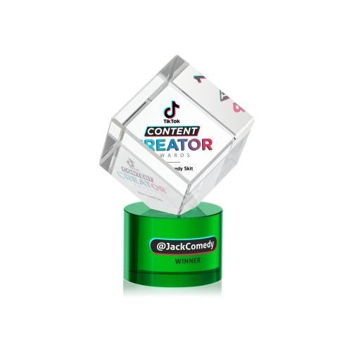 Awards and Plaques - Crystal Trophies - Klein Full Color on Round Base Green Square / Cube Crystal Trophy