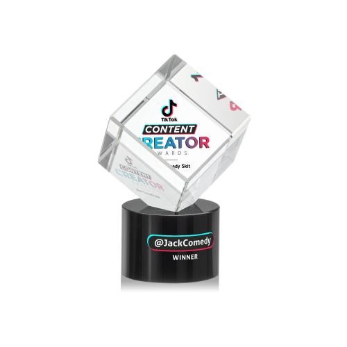 Awards and Plaques - Crystal Trophies - Klein Full Color on Round Base Black Square / Cube Crystal Trophy