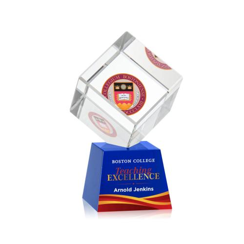 Awards and Plaques - Crystal Trophies - Klein Full Color on Small Base Blue Square / Cube Crystal Trophy