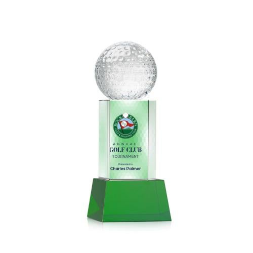 Awards and Plaques - Crystal Trophies - Golf Ball Full Color on Belcroft Green Globe Crystal Trophy