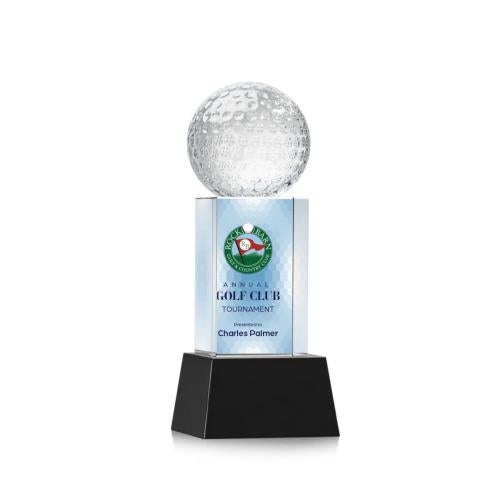 Awards and Plaques - Crystal Trophies - Golf Ball Full Color on Belcroft Black Globe Crystal Trophy