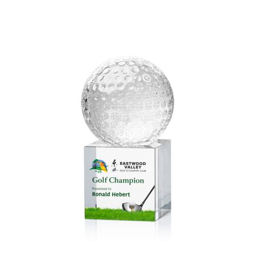 Awards and Plaques - Crystal Trophies - Golf Ball Full Color Globe on Square Crystal Trophy