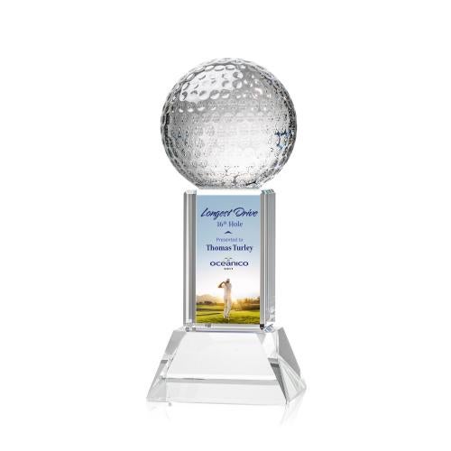 Awards and Plaques - Crystal Trophies - Golf Ball Full Color on Tower Clear Globe Crystal Trophy