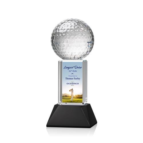 Awards and Plaques - Crystal Trophies - Golf Ball Full Color on Tower Black Globe Crystal Trophy
