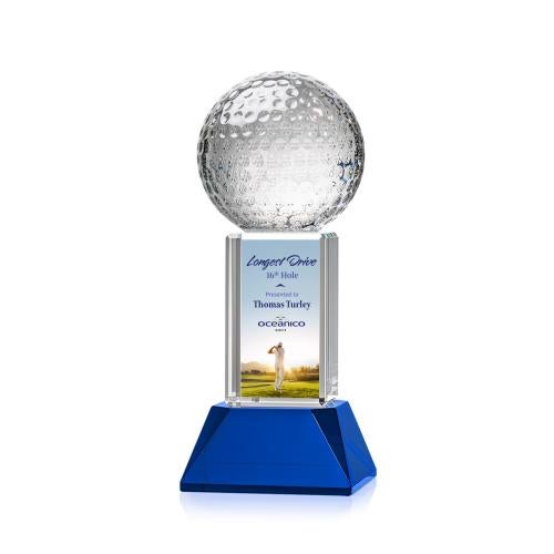 Awards and Plaques - Crystal Trophies - Golf Ball Full Color on Tower Blue Globe Crystal Trophy