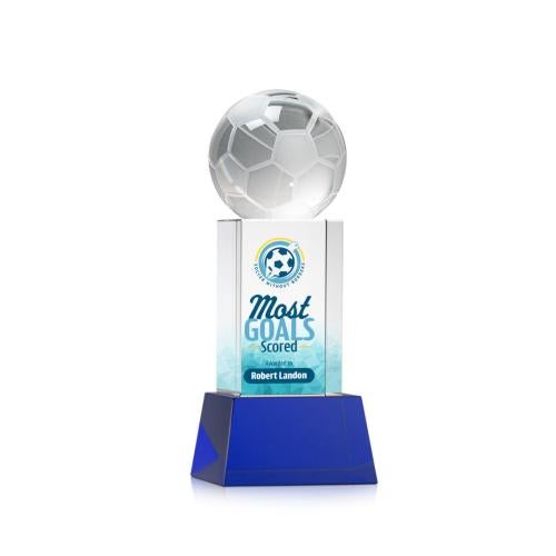 Awards and Plaques - Crystal Trophies - Soccer Ball Full Color on Belcroft Blue Globe Crystal Trophy