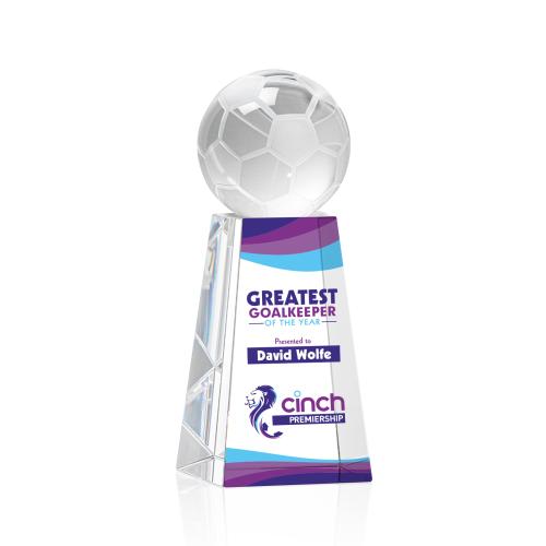 Awards and Plaques - Crystal Trophies - Soccer Ball Full Color Globe on Tall Crystal Trophy