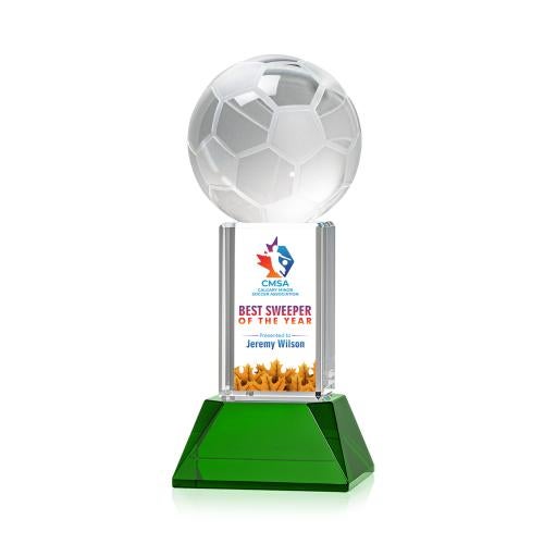 Awards and Plaques - Crystal Trophies - Soccer Ball Full Color on Tower Green Globe Crystal Trophy