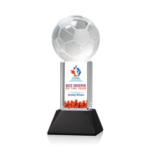 Awards and Plaques - Crystal Trophies - Soccer Ball Full Color on Tower Black Globe Crystal Trophy