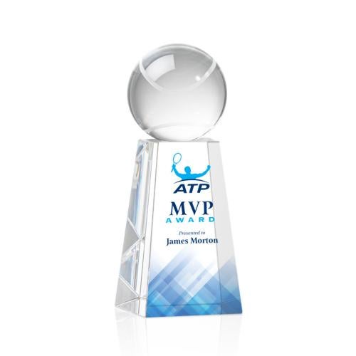 Awards and Plaques - Crystal Trophies - Tennis Ball Full Color Globe on Tall Crystal Trophy