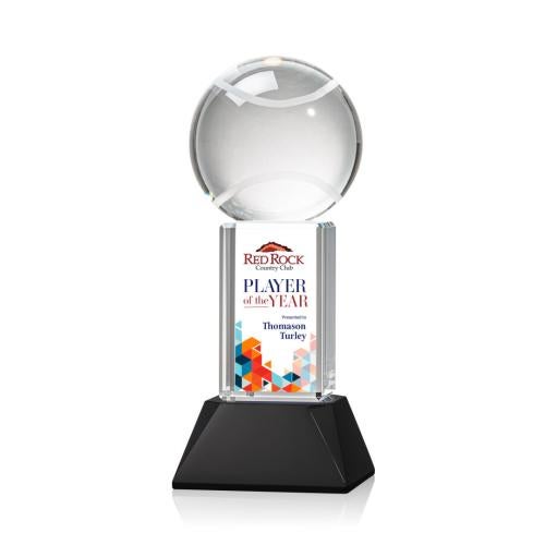 Awards and Plaques - Crystal Trophies - Tennis Ball Full Color on Tower Black Globe Crystal Trophy