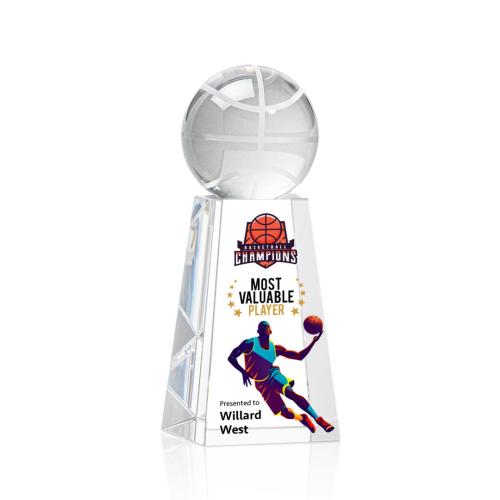 Awards and Plaques - Crystal Trophies - Basketball Full Color Globe on Tall Crystal Trophy