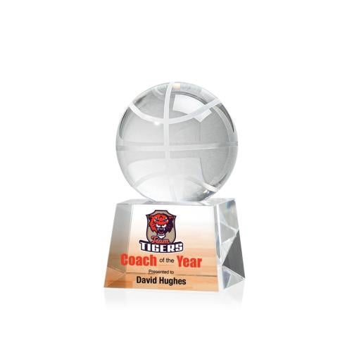 Awards and Plaques - Crystal Trophies - Basketball Full Color Globe on Small Crystal Trophy