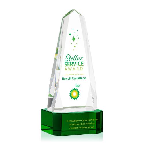 Awards and Plaques - Crystal Trophies - Geneva Full Color on Base Green Obelisk Crystal Trophy