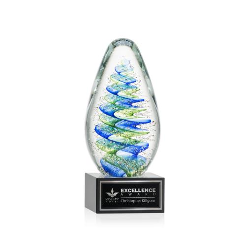 Awards and Plaques - Glass Trophies - Art Glass Trophies - Jezebel on Plated Crystal Base Black Tear Drop Glass Trophy