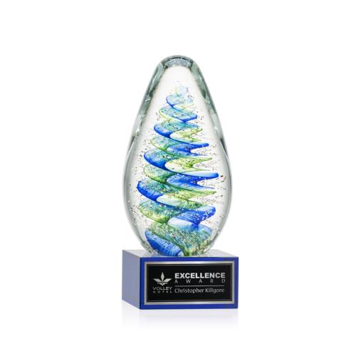 Awards and Plaques - Glass Trophies - Art Glass Trophies - Jezebel on Plated Crystal Base Blue Tear Drop Glass Trophy