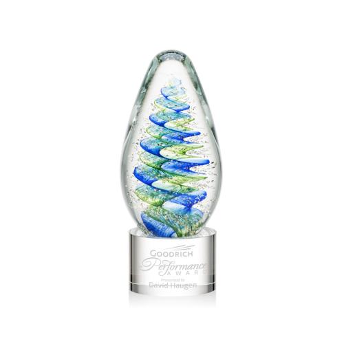 Awards and Plaques - Glass Trophies - Art Glass Trophies - Jezebel on Round Base Clear Tear Drop Glass Trophy