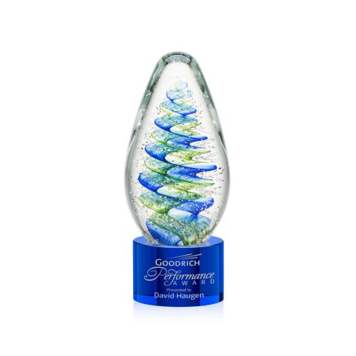 Awards and Plaques - Glass Trophies - Art Glass Trophies - Jezebel on Round Base Blue Tear Drop Glass Trophy