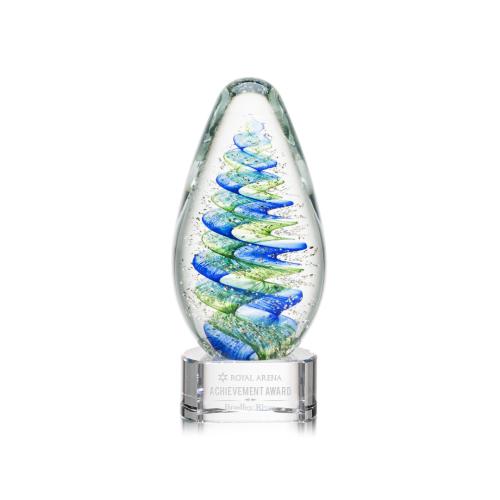 Awards and Plaques - Glass Trophies - Art Glass Trophies - Jezebel on Half Round Base Clear Tear Drop Glass Trophy