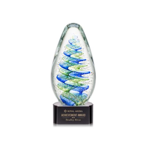 Awards and Plaques - Glass Trophies - Art Glass Trophies - Jezebel on Half Round Base Black Tear Drop Glass Trophy
