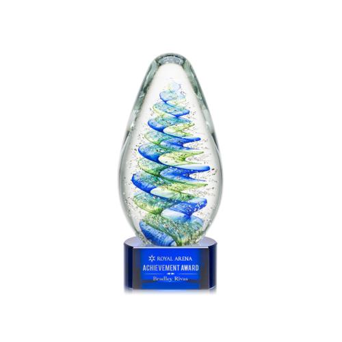 Awards and Plaques - Glass Trophies - Art Glass Trophies - Jezebel on Half Round Base Blue Tear Drop Glass Trophy