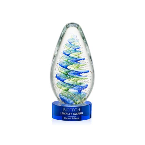Awards and Plaques - Glass Trophies - Art Glass Trophies - Jezebel on Lockwood Base Blue Tear Drop Glass Trophy