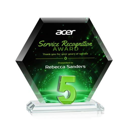 Awards and Plaques - Crystal Trophies - Riviera Anniversary Full Color No 5 Green Polygon Crystal Trophy