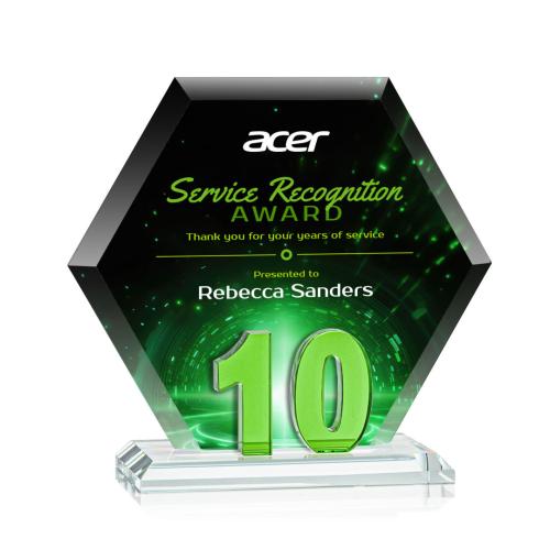 Awards and Plaques - Crystal Trophies - Riviera Anniversary Full Color No 10 Green Polygon Crystal Trophy