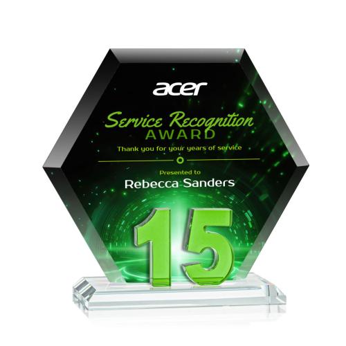 Awards and Plaques - Crystal Trophies - Riviera Anniversary Full Color No 15 Green Polygon Crystal Trophy