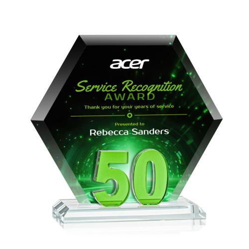 Awards and Plaques - Crystal Trophies - Riviera Anniversary Full Color No 50 Green Polygon Crystal Trophy