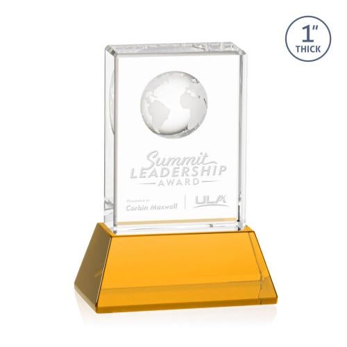 Awards and Plaques - Crystal Trophies - Stewart Globe on Base Amber Rectangle Crystal Trophy