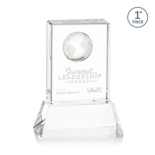 Awards and Plaques - Crystal Trophies - Stewart Globe on Base Clear Rectangle Crystal Trophy
