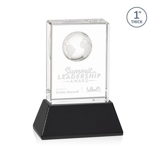 Awards and Plaques - Crystal Trophies - Stewart Globe on Base Black Rectangle Crystal Trophy