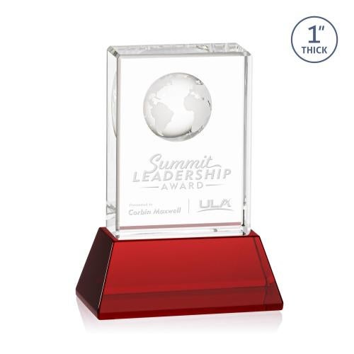 Awards and Plaques - Crystal Trophies - Stewart Globe on Base Red Rectangle Crystal Trophy