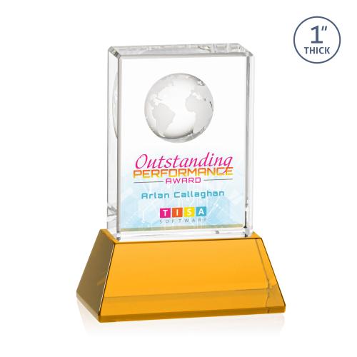 Awards and Plaques - Crystal Trophies - Stewart Full Color on Base Amber Rectangle Crystal Trophy