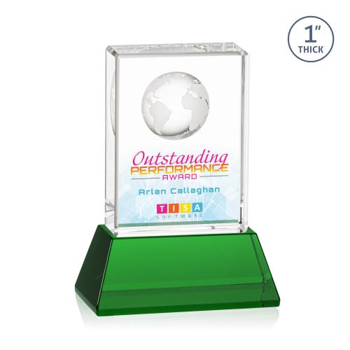 Awards and Plaques - Crystal Trophies - Stewart Full Color on Base Green Rectangle Crystal Trophy