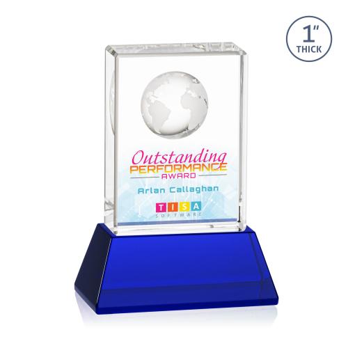 Awards and Plaques - Crystal Trophies - Stewart Full Color on Base Blue Rectangle Crystal Trophy