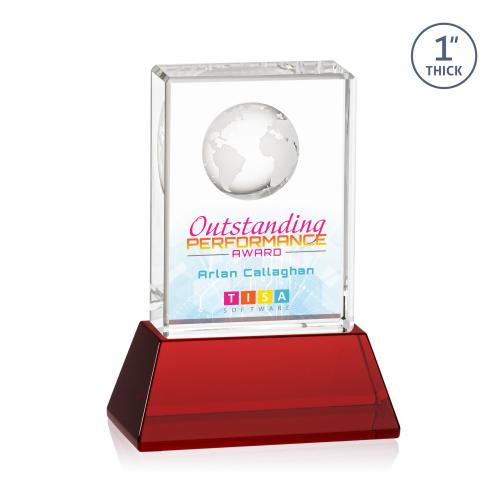 Awards and Plaques - Crystal Trophies - Stewart Full Color on Base Red Rectangle Crystal Trophy