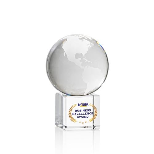 Awards and Plaques - Crystal Trophies - Globe on Cube Full Color Globe Crystal Trophy