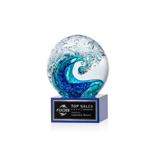 Awards and Plaques - Glass Trophies - Art Glass Trophies - Ocean Wave on Plated Crystal Base Blue Globe Glass Trophy