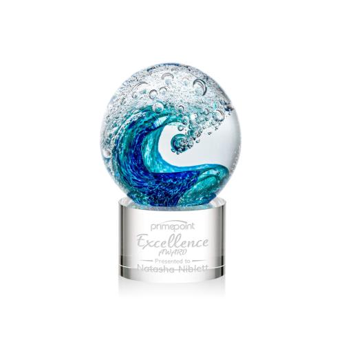 Awards and Plaques - Glass Trophies - Art Glass Trophies - Ocean Wave on Round Base Clear Globe Glass Trophy