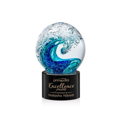 Awards and Plaques - Glass Trophies - Art Glass Trophies - Ocean Wave on Round Base Black Globe Glass Trophy