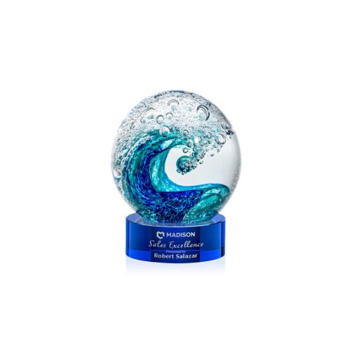 Awards and Plaques - Glass Trophies - Art Glass Trophies - Ocean Wave on Lockwood Base Blue Globe Glass Trophy